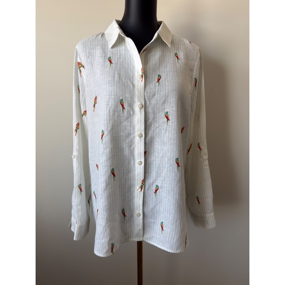 Chico's Tops - Chicos No Iron Linen Shirt Womens 2 (L) White Blue Pinstripe Parrot Embroidery